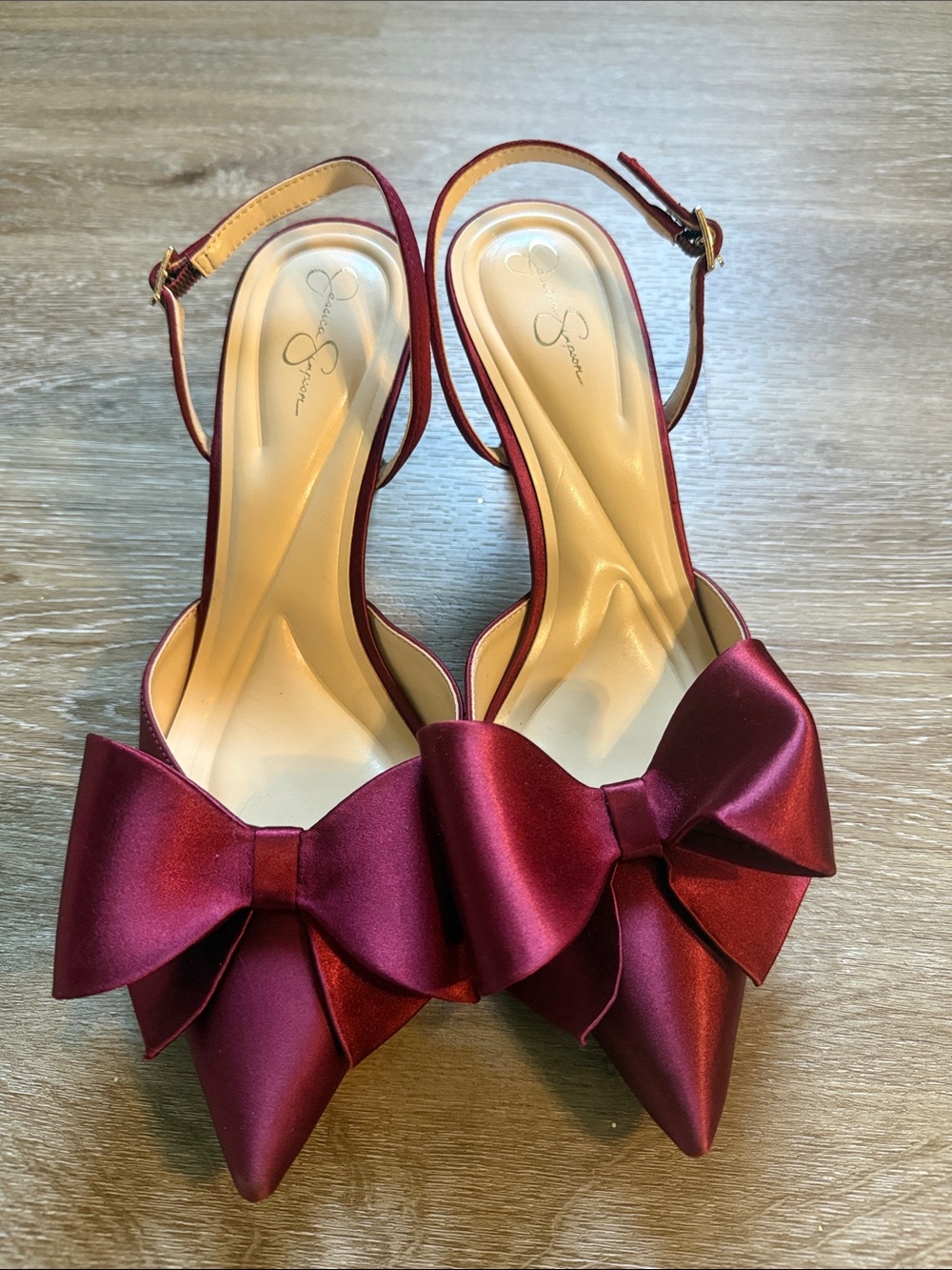 Jessica Simpson Satin Wine Bow Pointed-Toe Slingback Heels - Picture 1 of 7